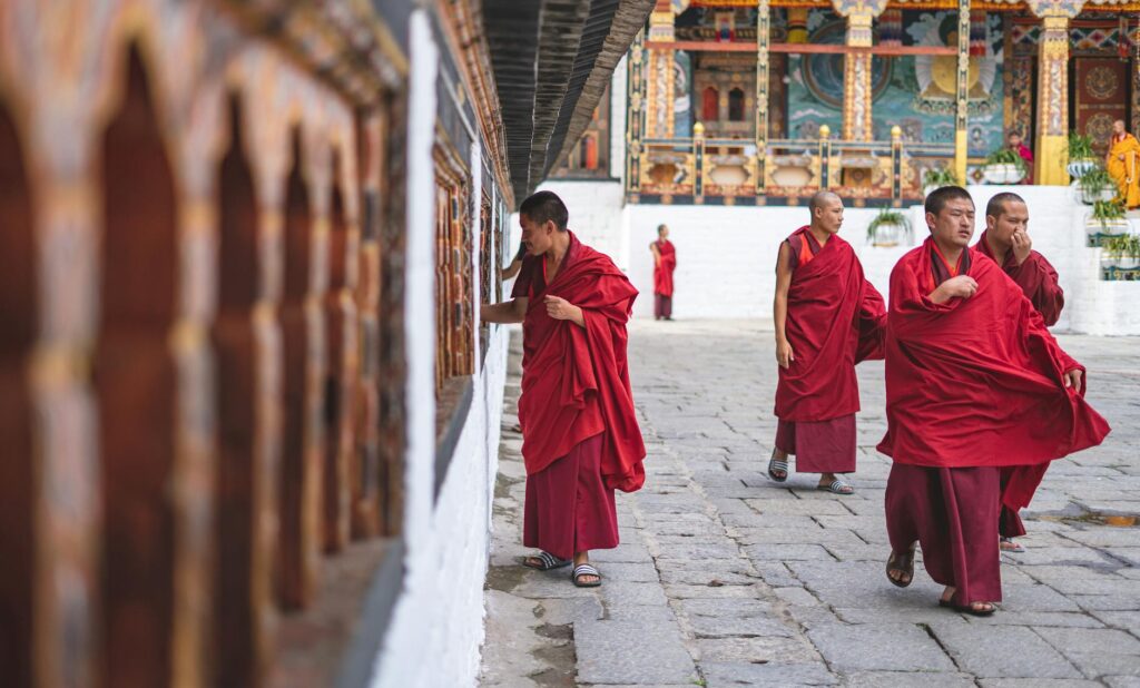 Monks walking in a temple