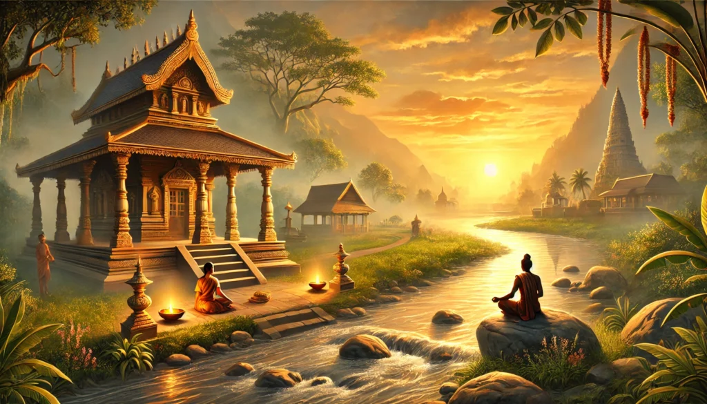 Serene scene of a traditional Hindu temple by a gently flowing river at sunset, with people meditating and lighting diya lamps by the riverbank. The warm, golden hues and lush greenery create a peaceful ambiance, symbolizing Hindu culture’s deep connection to nature and spirituality.