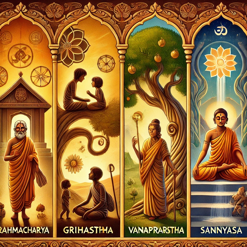 Illustration of the Ashrama System in Hinduism, depicting the four life stages: Brahmacharya (student), Grihastha (householder), Vanaprastha (hermit), and Sannyasa (renunciation), with traditional Indian motifs.