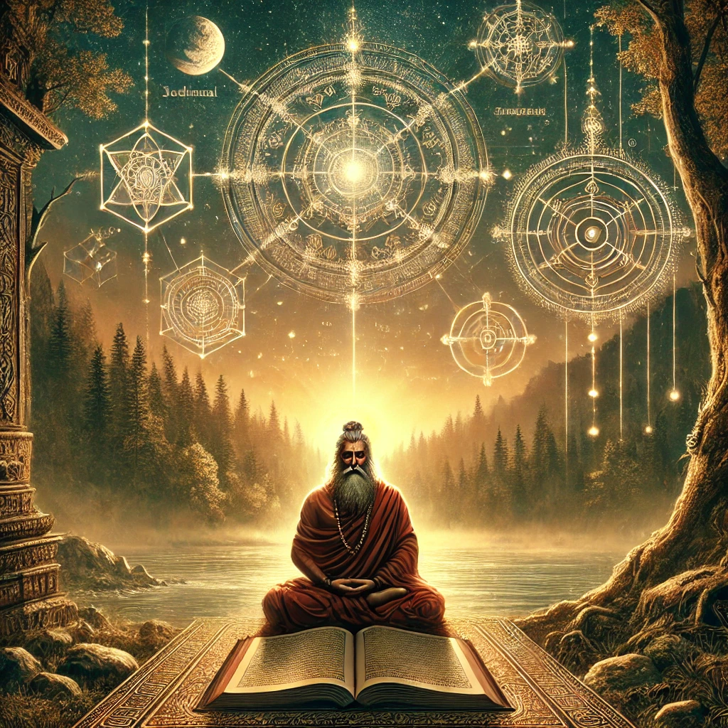 An ancient Hindu sage meditates in a serene forest setting, surrounded by glowing sacred texts and celestial symbols that represent Vedic scientific knowledge. Soft sunlight filters through the trees, illuminating a tranquil river in the background, while geometric symbols and yantras float around the sage, symbolizing enlightenment and wisdom.