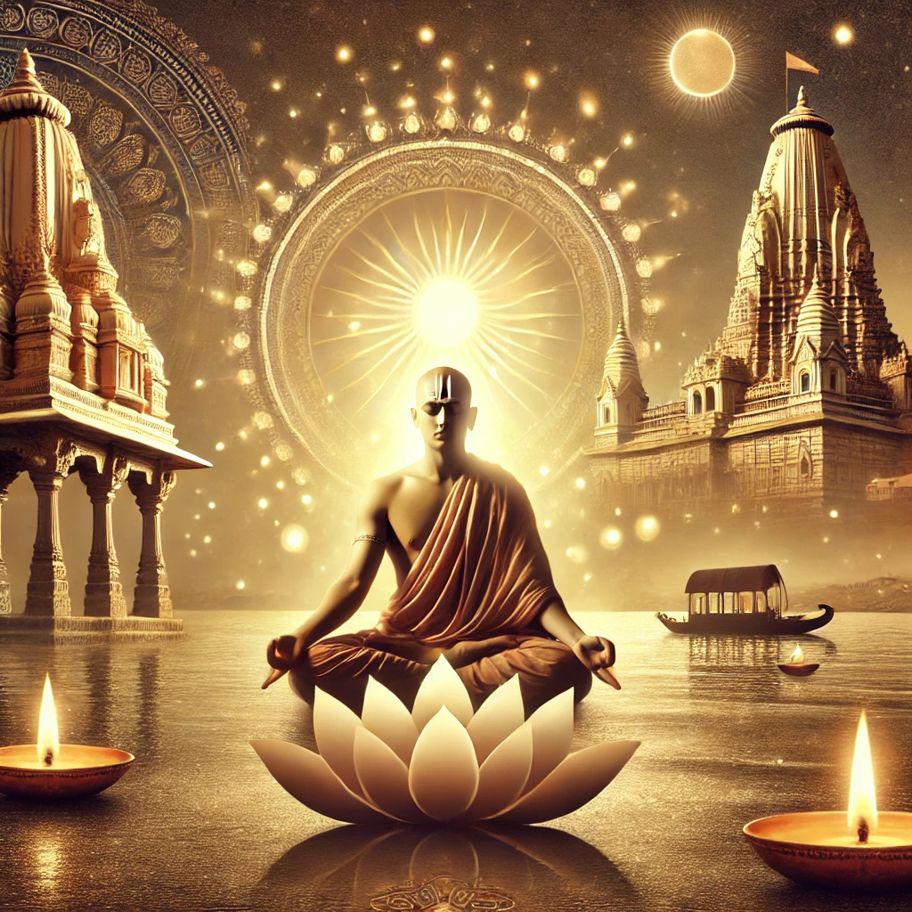 A serene depiction of Hinduism and spirituality featuring a meditating sage in a lotus position by the Ganges River surrounded by a glowing aura.