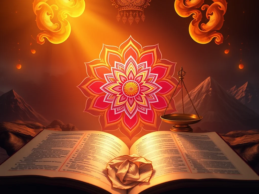 Illustration of an open book, a lotus-shaped mandala, and a hanging brass lamp.