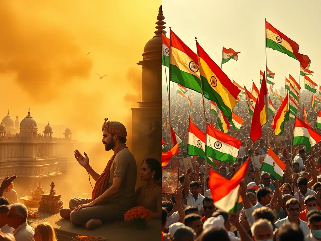 Illustration of a worshipper beside a Hindu temple and a crowd holding Indian flags.
